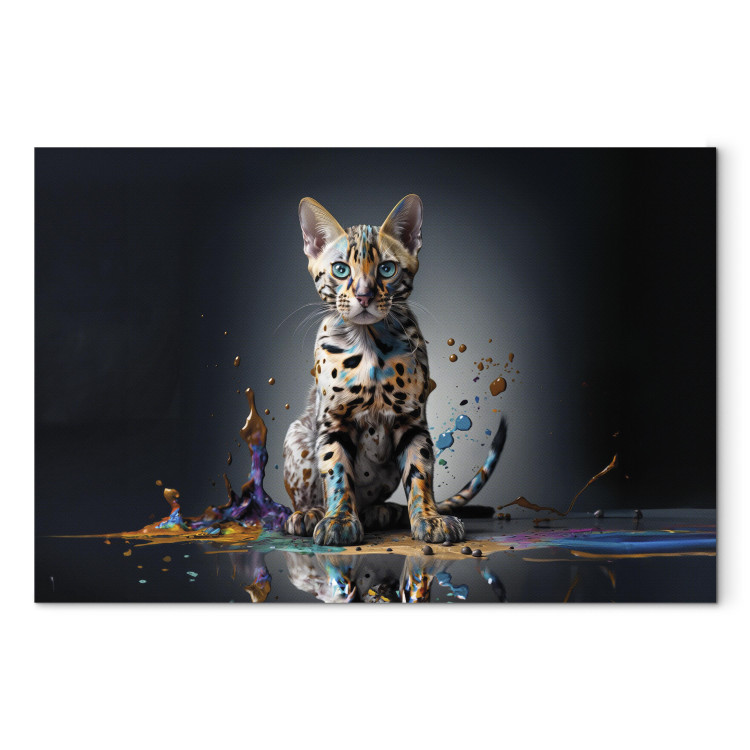 Canvas Art Print AI Bengal Cat - Animal in a Colorful Exploding Puddle - Horizontal 150240
