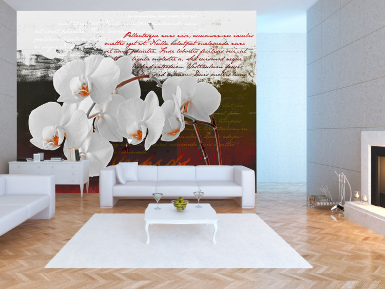 Photo Wallpaper Diary and Orchids - Floral Motif with Flowers in the Center and Texts in the Background 60240