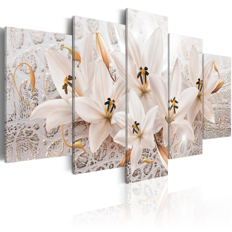 Canvas Art Print Treasure of Delicacy (5-piece) - Blooming Lilies on Beige Background 92740 additionalImage 2