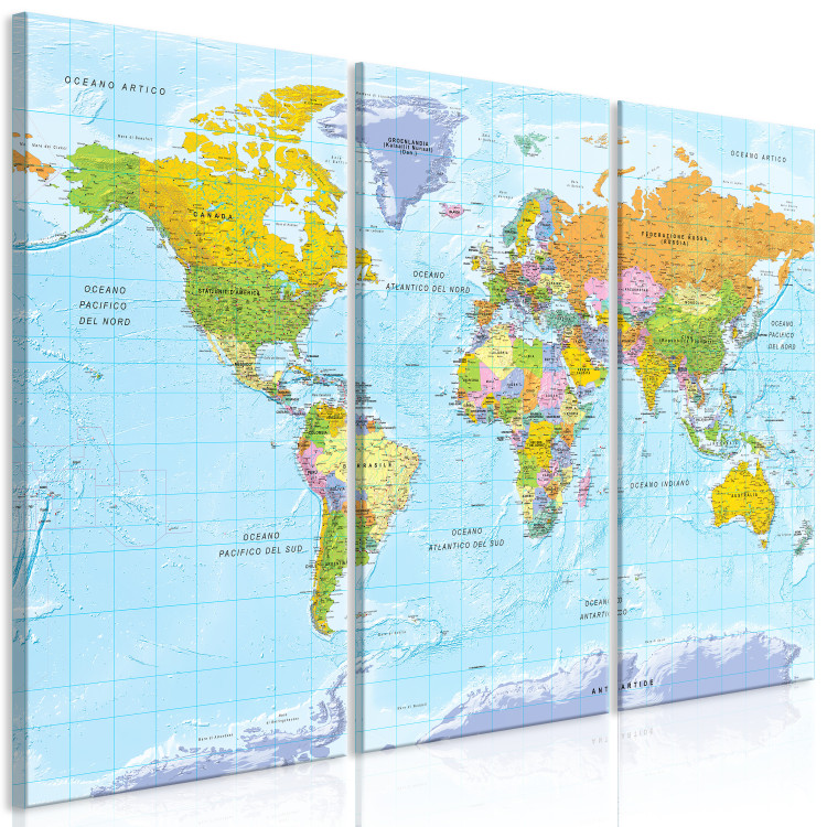 Canvas Art Print World Map in Colors (3-part) - Continents with Italian Labels 122350 additionalImage 2
