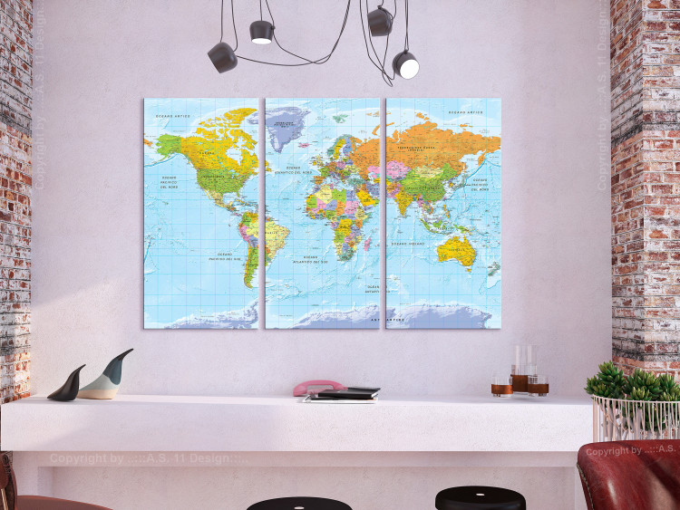 Canvas Art Print World Map in Colors (3-part) - Continents with Italian Labels 122350 additionalImage 3