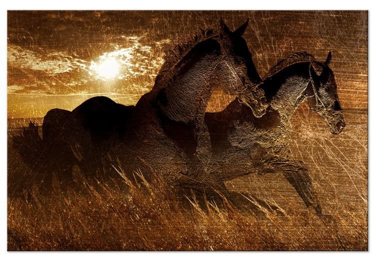 Canvas Golden gallop - two penalties horses galloping through a golden meadow 135050