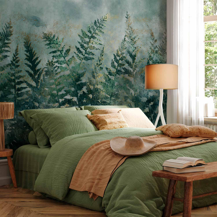Wall Mural Minimalist nature - ferns with golden patterns on a cool background 138450 additionalImage 2