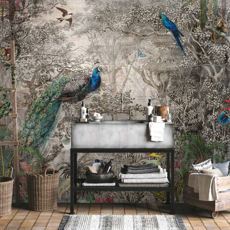 Wall Mural Exotic landscape - engraving with tropical animals and lush nature 142550 additionalImage 8