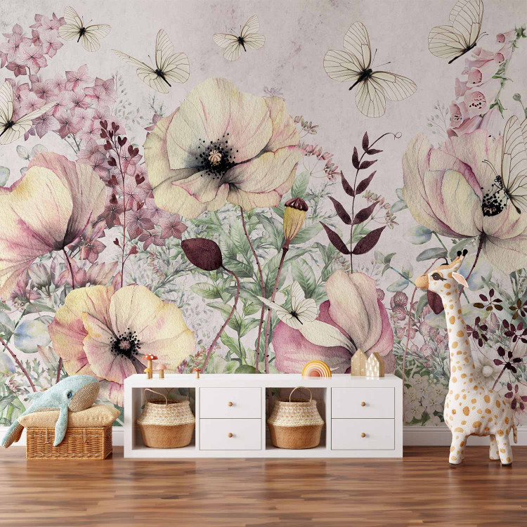 Photo Wallpaper Enchanted meadow - landscape with a motif of flowers and butterflies on a light background 143450 additionalImage 6