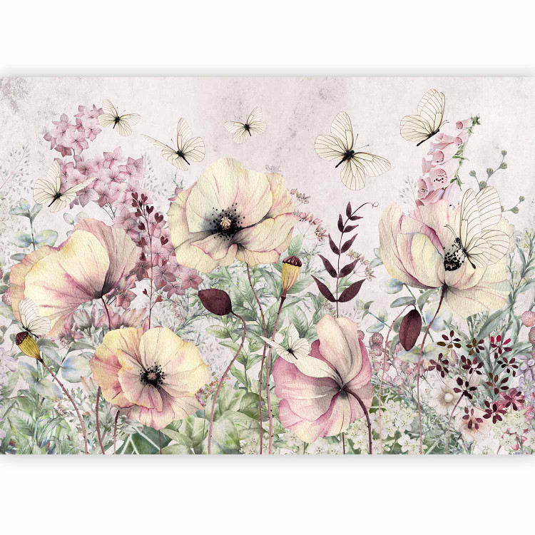 Photo Wallpaper Enchanted meadow - landscape with a motif of flowers and butterflies on a light background 143450 additionalImage 1