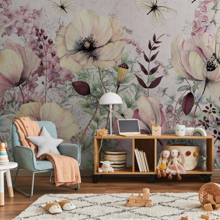 Photo Wallpaper Enchanted meadow - landscape with a motif of flowers and butterflies on a light background 143450 additionalImage 8