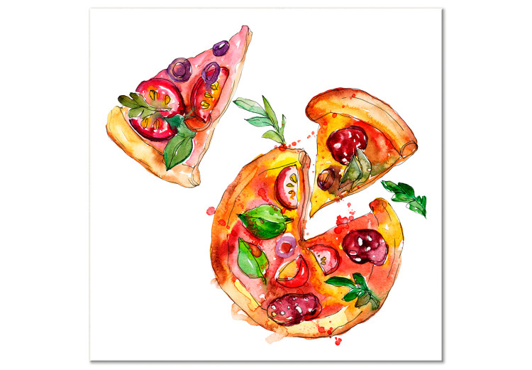 Canvas Art Print Pizza in Pieces - Hand-Painted Motif of Italian Cuisine 149850
