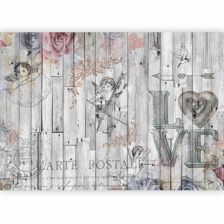 Wall Mural Postcard - composition with angels and flowers on a grey wooden background 64250 additionalImage 5