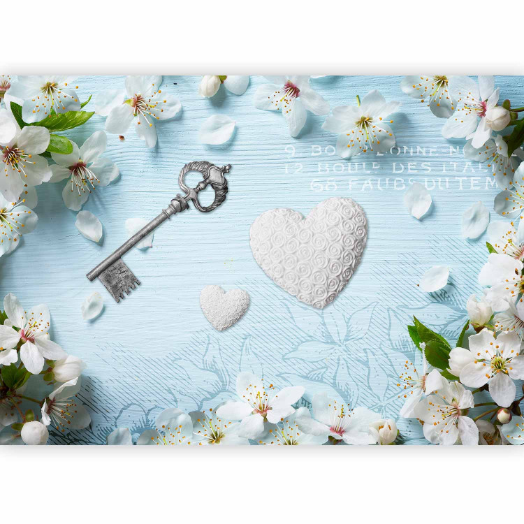 Wall Mural Spring key - floral motif with a heart on a blue background with lettering 96850 additionalImage 1