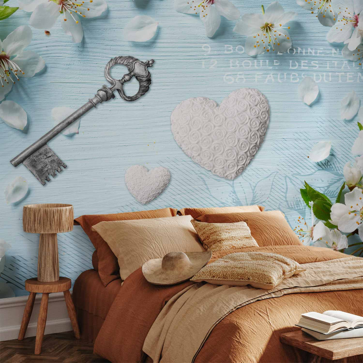 Wall Mural Spring key - floral motif with a heart on a blue background with lettering 96850 additionalImage 2