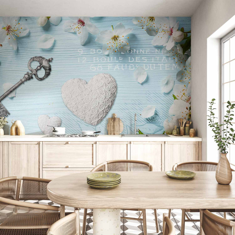 Wall Mural Spring key - floral motif with a heart on a blue background with lettering 96850 additionalImage 6