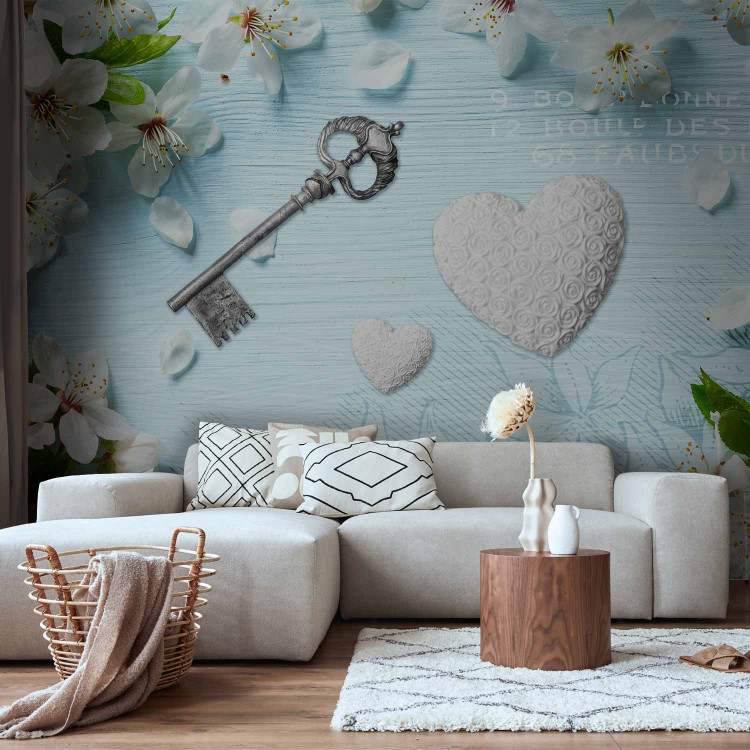 Wall Mural Spring key - floral motif with a heart on a blue background with lettering 96850
