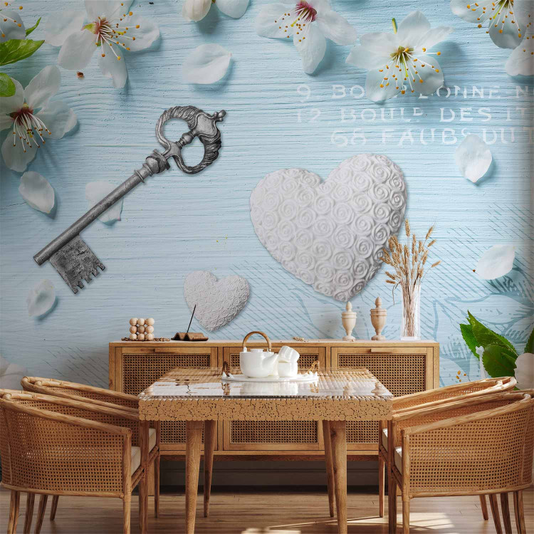 Wall Mural Spring key - floral motif with a heart on a blue background with lettering 96850 additionalImage 4