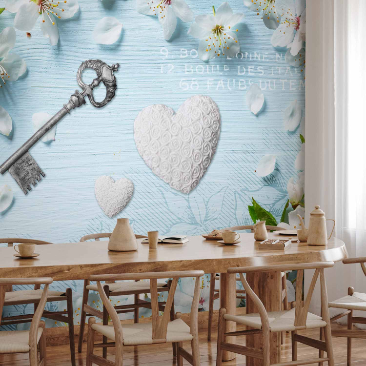 Wall Mural Spring key - floral motif with a heart on a blue background with lettering 96850 additionalImage 7