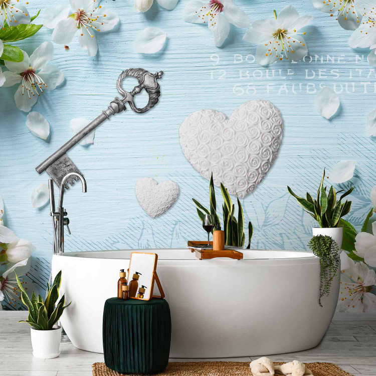 Wall Mural Spring key - floral motif with a heart on a blue background with lettering 96850 additionalImage 8