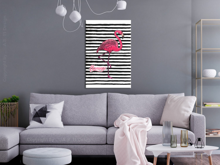 Canvas Art Print Bird of Youth (1-part) - Flamingo Against Black and White Stripes 115260 additionalImage 3