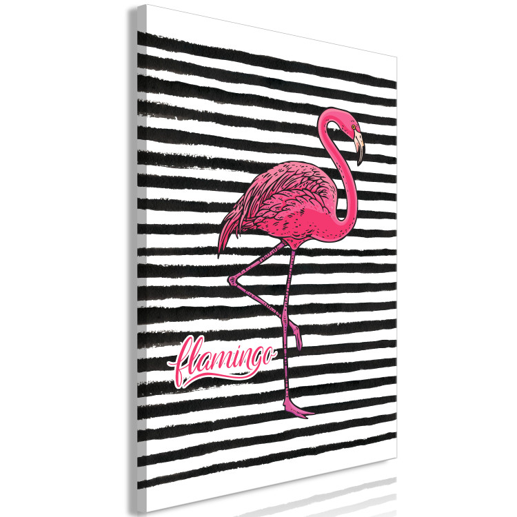 Canvas Art Print Bird of Youth (1-part) - Flamingo Against Black and White Stripes 115260 additionalImage 2