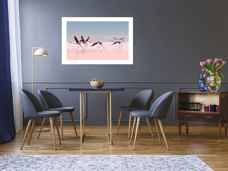 Poster Flamingo Race - summer landscape of pastel water with pink birds 117460 additionalImage 2