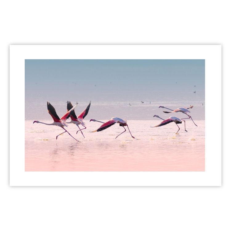 Poster Flamingo Race - summer landscape of pastel water with pink birds 117460 additionalImage 19