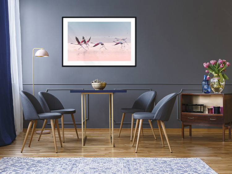 Poster Flamingo Race - summer landscape of pastel water with pink birds 117460 additionalImage 6