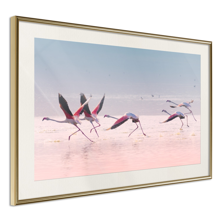 Poster Flamingo Race - summer landscape of pastel water with pink birds 117460 additionalImage 2