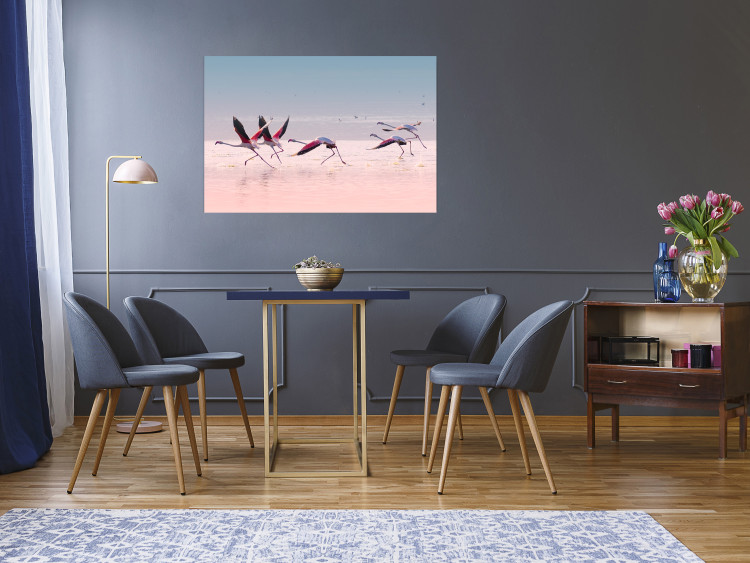 Poster Flamingo Race - summer landscape of pastel water with pink birds 117460 additionalImage 23