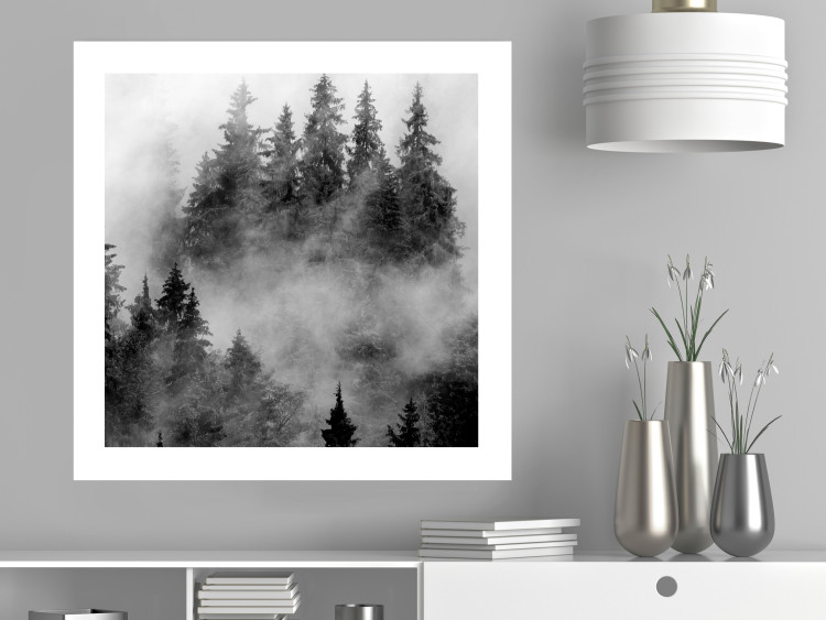 Poster Black Forest - black and white landscape of forest trees amidst dense fog 120460 additionalImage 2