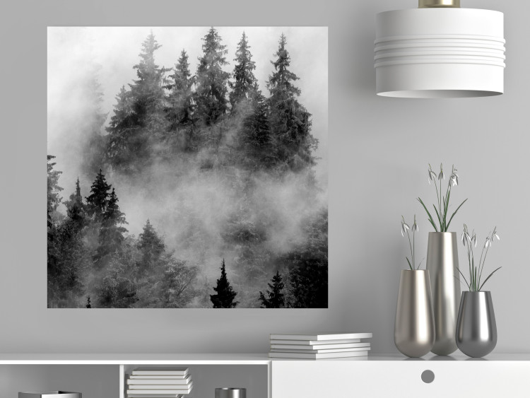 Poster Black Forest - black and white landscape of forest trees amidst dense fog 120460 additionalImage 17