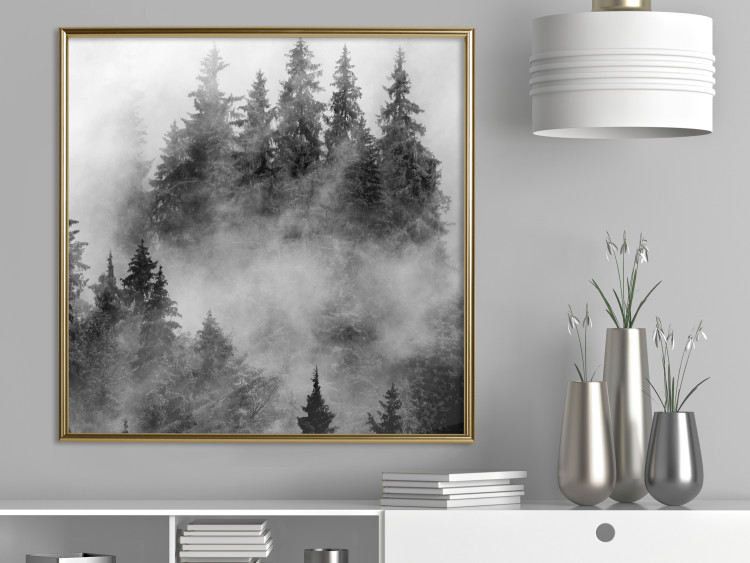 Poster Black Forest - black and white landscape of forest trees amidst dense fog 120460 additionalImage 5
