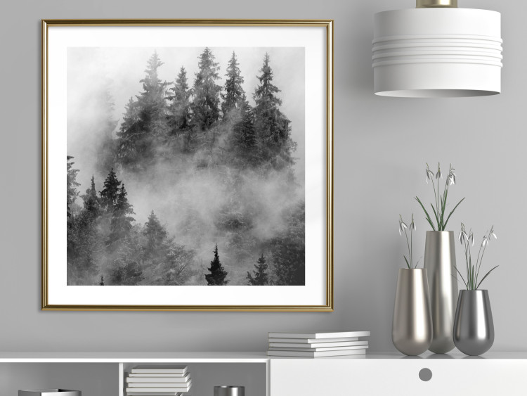 Poster Black Forest - black and white landscape of forest trees amidst dense fog 120460 additionalImage 13
