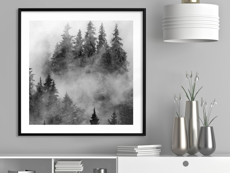 Poster Black Forest - black and white landscape of forest trees amidst dense fog 120460 additionalImage 4