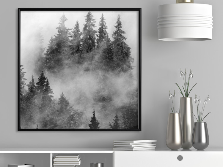 Poster Black Forest - black and white landscape of forest trees amidst dense fog 120460 additionalImage 3