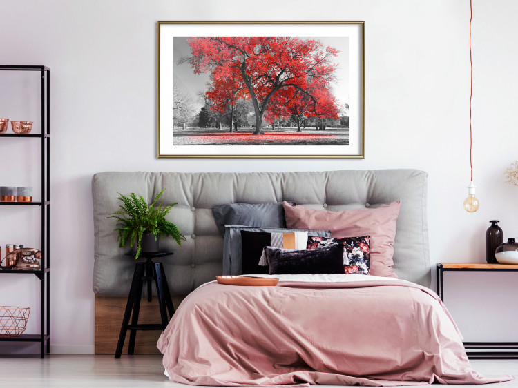 Wall Poster Autumn in the Park (Red) - gray tree landscape with red leaves 122760 additionalImage 13