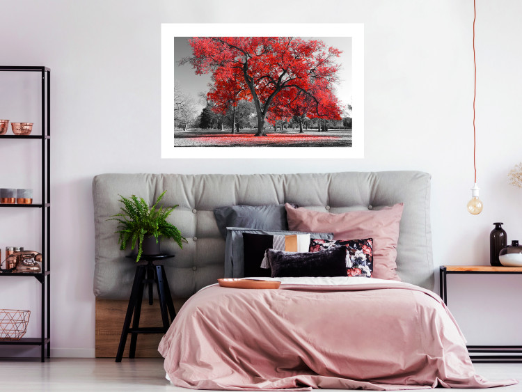 Wall Poster Autumn in the Park (Red) - gray tree landscape with red leaves 122760 additionalImage 2