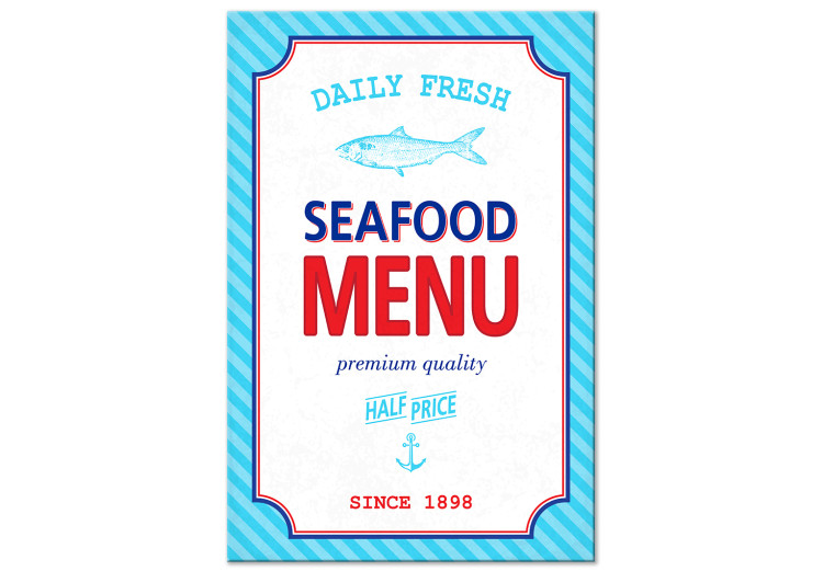 Canvas Seafood menu - Blue red inscription in English in a smart frame in retro style 123560