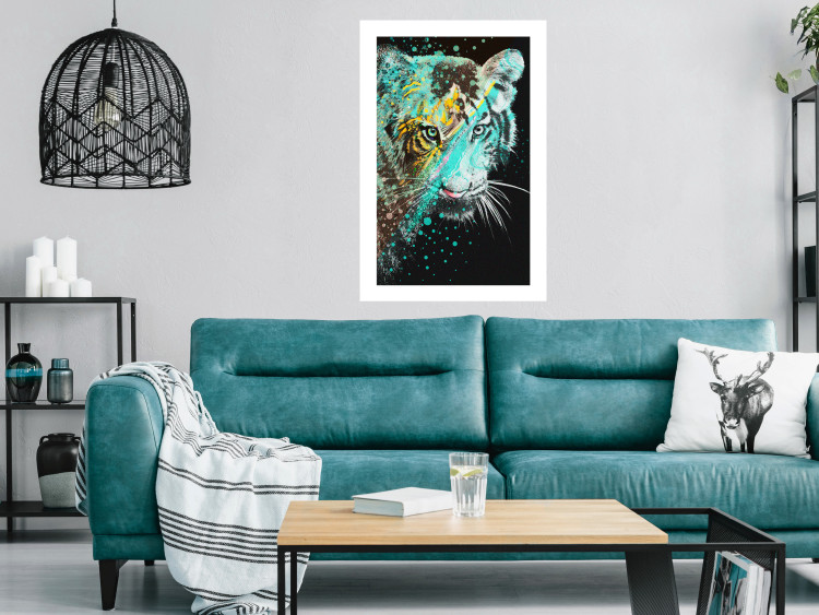 Poster Mint Tiger - colorful composition of a wild cat on a black background 126860 additionalImage 3