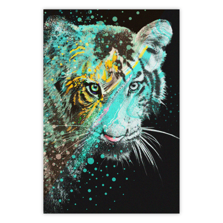 Poster Mint Tiger - colorful composition of a wild cat on a black background 126860