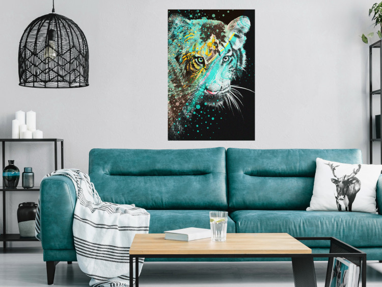 Poster Mint Tiger - colorful composition of a wild cat on a black background 126860 additionalImage 2