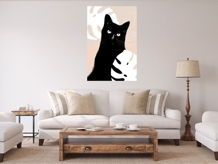 Poster Cat in Monsteras - black animal among plants on a pastel background 137860 additionalImage 15