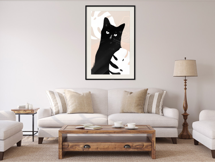 Poster Cat in Monsteras - black animal among plants on a pastel background 137860 additionalImage 22