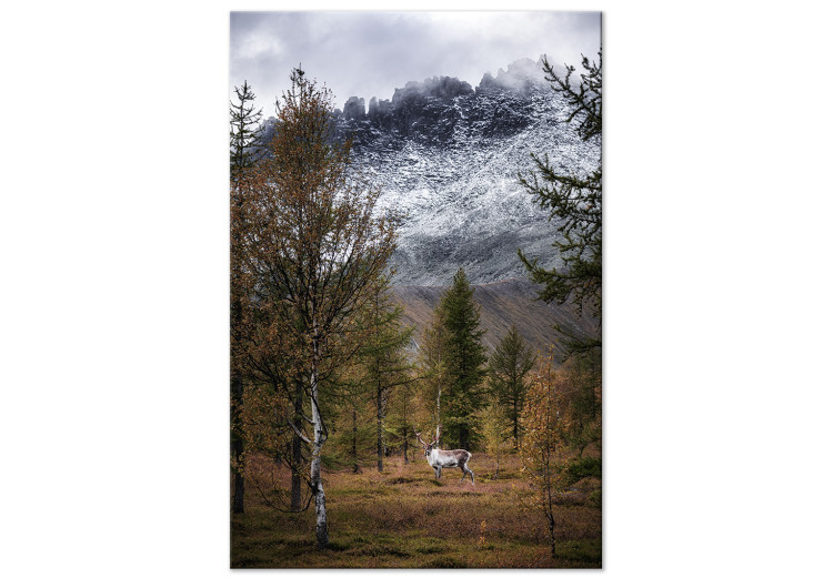 Canvas Art Print Autumn Guest (1-piece) Vertical - forest landscape overlooking mountains 138760
