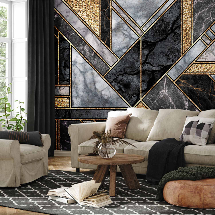 Photo Wallpaper Geometric art deco - grey and black marble with gold patterns 142360