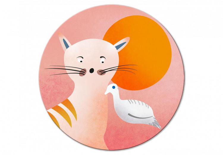 Round Canvas Young Tigger - Cute Predator Playing with a Bird 148660