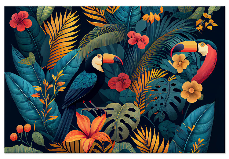 Canvas Exotic Birds - Toucans Among Colorful Vegetation in the Jungle 149860