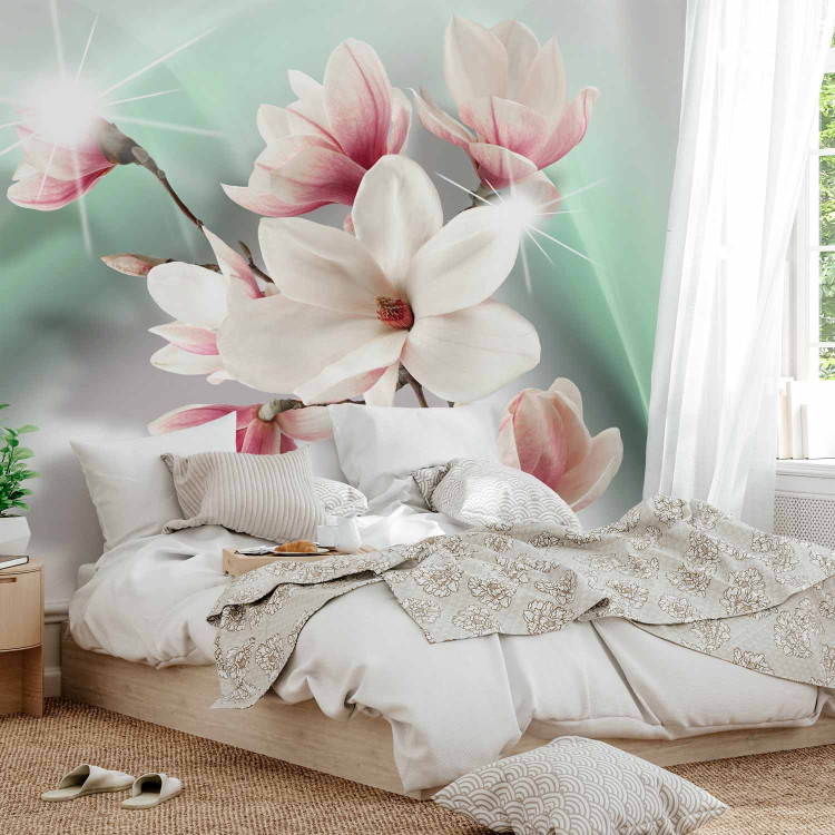 Wall Mural Flowers on a background of celadon mist - white magnolia branch with sparkle 90460 additionalImage 2