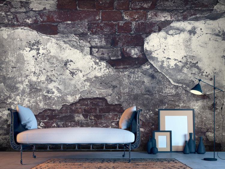 Wall Mural Composition - fragments of concrete on a background of brick in dark shades 91160