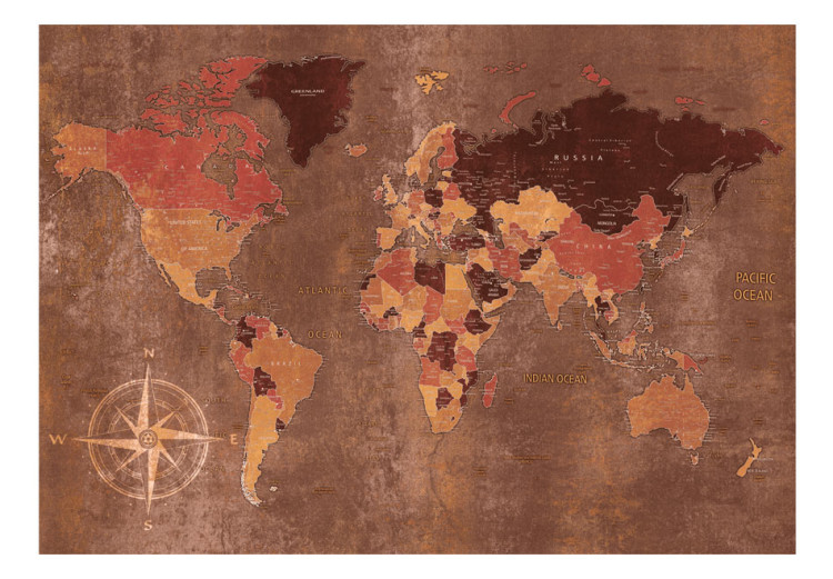Photo Wallpaper World in brown - map of the continents on a non-uniform background with a compass 91660 additionalImage 1