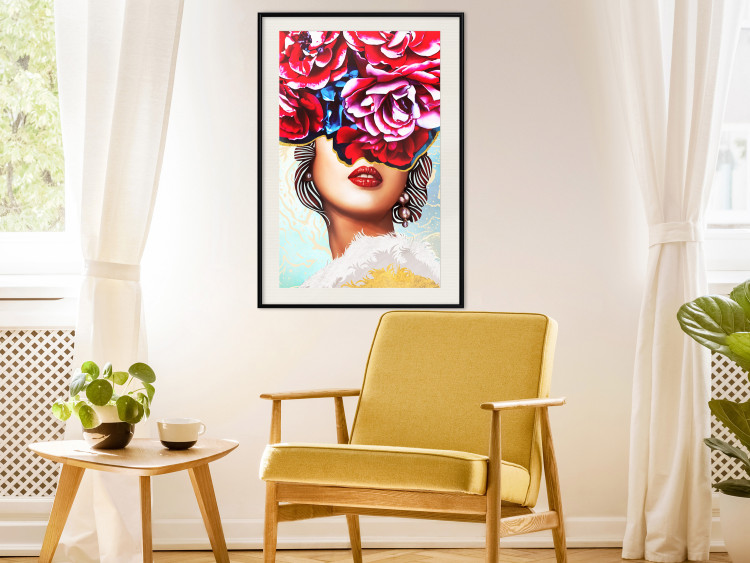 Wall Poster Sweet Lips - abstract portrait of woman with flowers on light background 127870 additionalImage 25