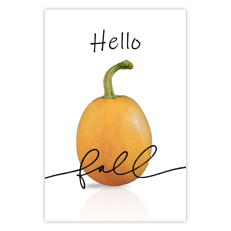 Poster Hello Fall - orange pumpkin and English text on a white background 131770